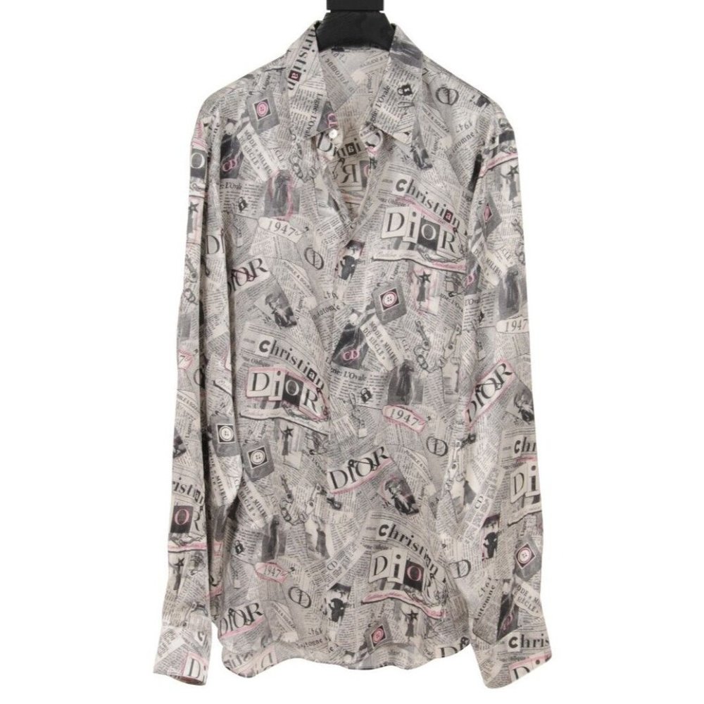 Dior Men Daniel Arsham Newspaper Logo Button Down Shirt 41 100% Silk Grey White